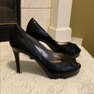 Anne Klein black faux snakeskin platform heels
